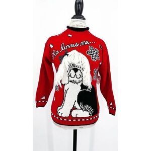 HEARTWORKS NWT 80’s Shaggy Dog Red Hearts Flowers Sweater MEDIUM